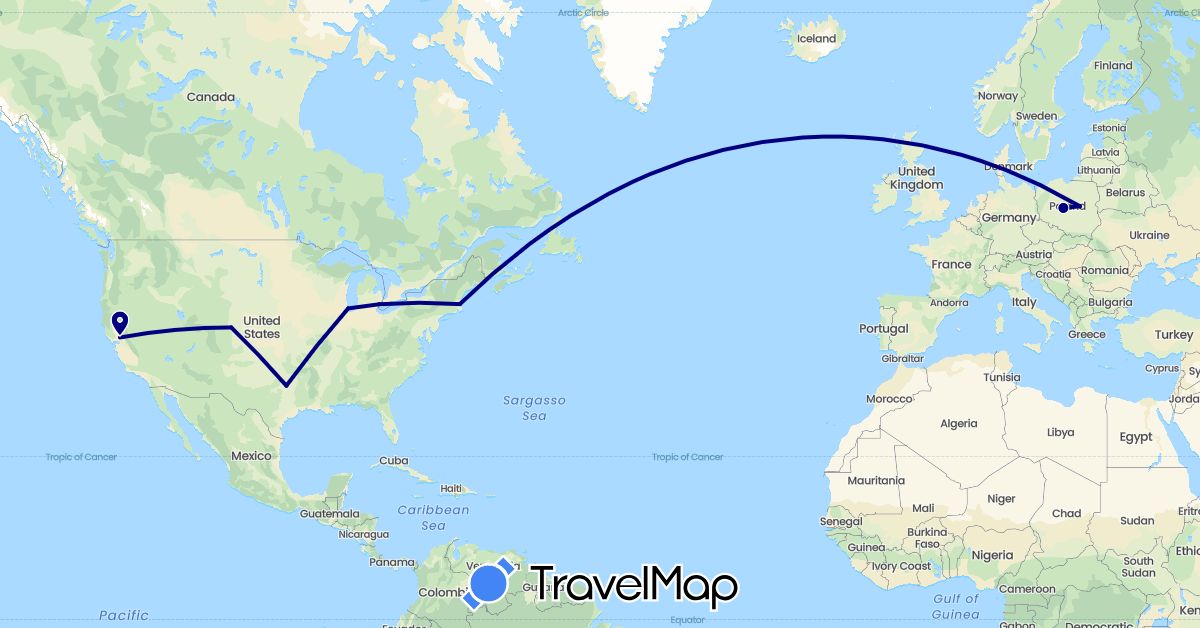 TravelMap itinerary: driving in Poland, United States (Europe, North America)